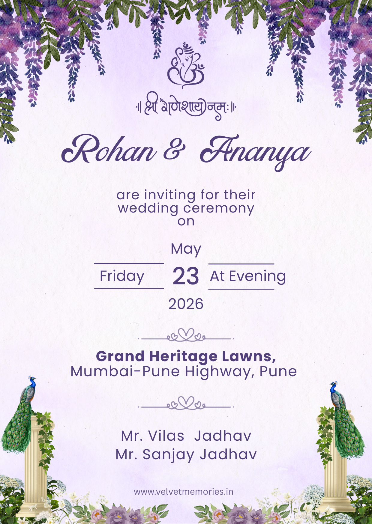 Purple & Green Floral Illustrated Indian Ceremony Invitation